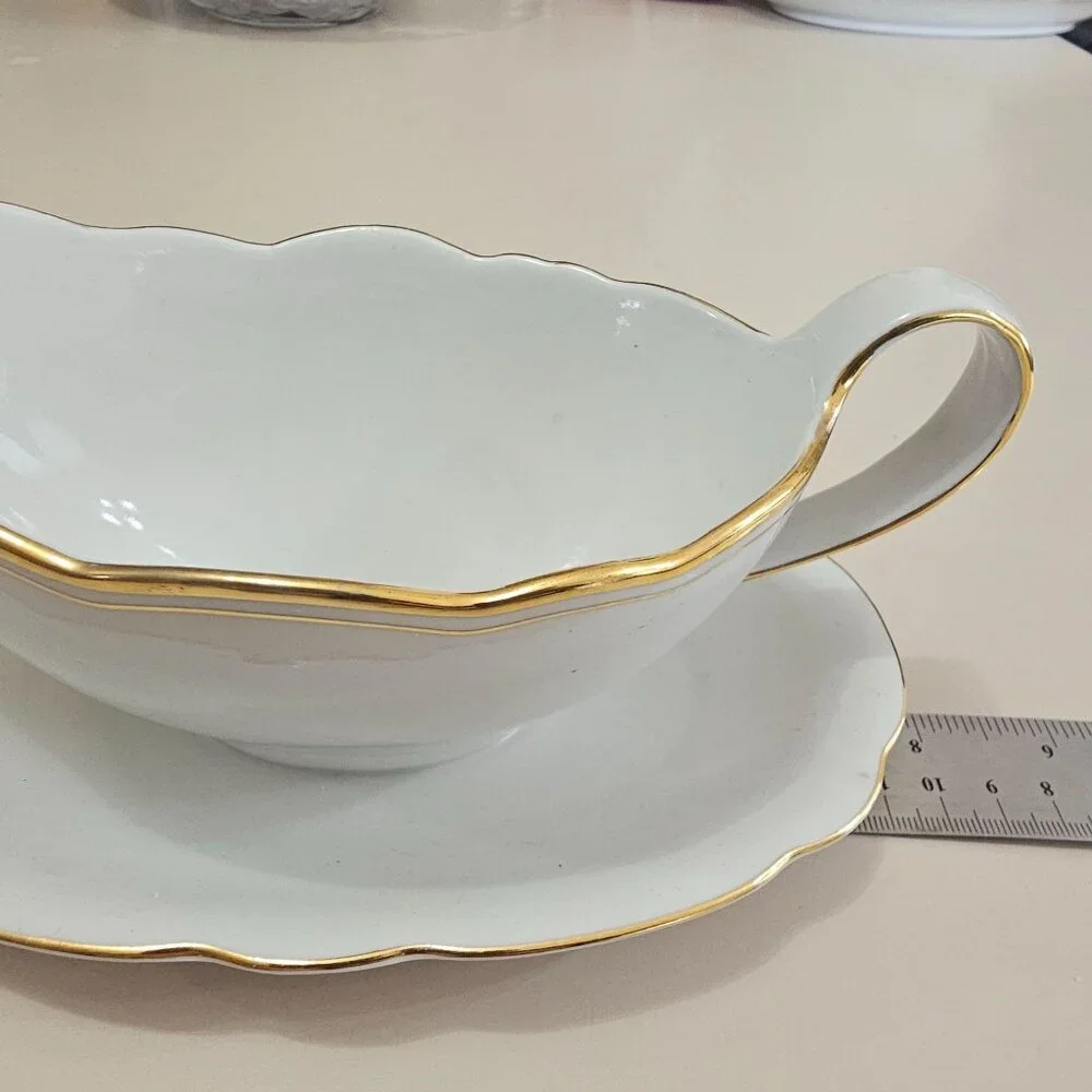 Bavaria Regency Gravy Boat Plate 16oz scallop edge gold trim Germany vtg Winterl - Picture 6 of 7